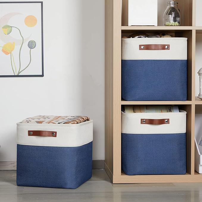 HNZIGE Fabric Storage Basket(4 Pack) Linen Baskets for Organizing,12x12 Storage Bins for Shelves,Towels,Blankets,Toys with Leather Handles(White&Blue)