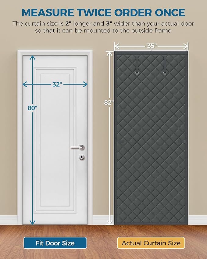 Thermal Insulated Door Curtain Fits Door Size 32 x 80 Inch, Oxford Cloth Thicken Cotton Filled, Curtain Size 35" x 82", Single Piece Door Insulation Blanket Cover for Cold in Winter, Grey