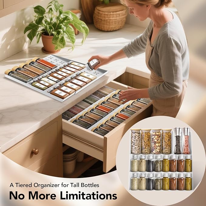 2-Pack Expandable Spice Drawer Organizer (11"-22"), 3-Tier Angled Seasoning Rack for Kitchen, Sturdy Vented Insert with Labels & Funnel, Fits Standard & Biger Spice Jars (Jars Not Included) WH
