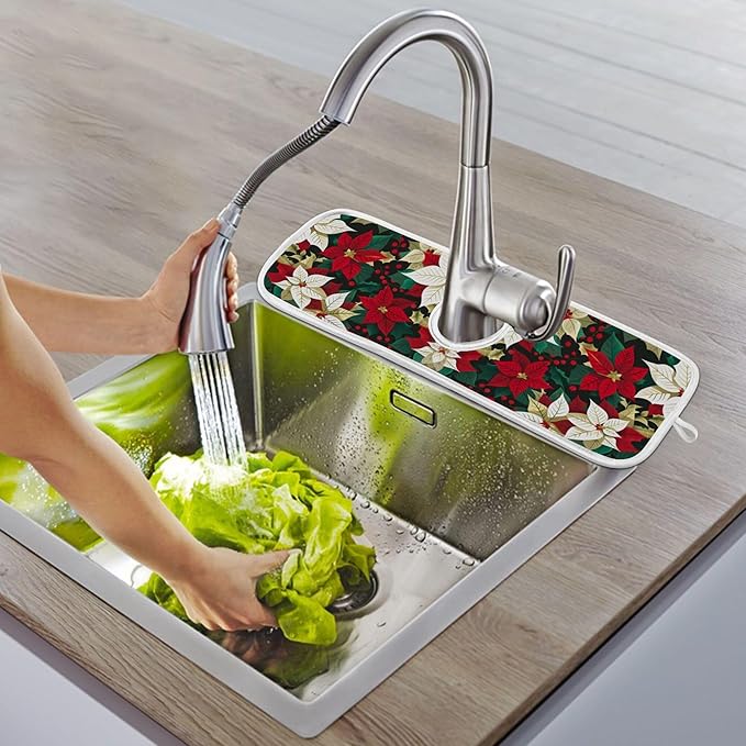 2 Pack Faucet Splash Catcher White Red Poinsettia Red Polka Dots Sink Mat for Faucet Absorbent Kitchen Splash Guard Drip Catcher for Farmhouse Barthroom Bar, L