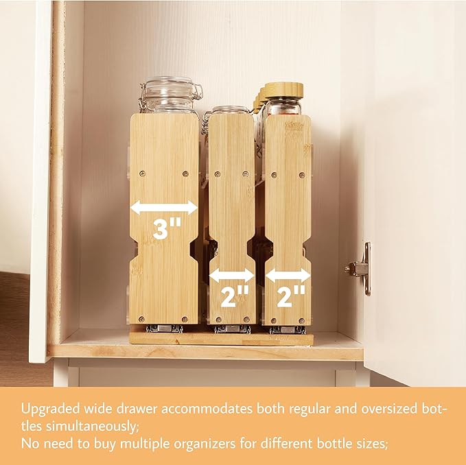 Bamboo Pull Out Spice Rack Organizer for Cabinet, 3 Slide-Out Drawers(2"&3") with Wide Drawer for Large Bottles, Kitchen Pantry Heavy-Duty Sliding Vertical Organization, 8.6"W,2-Tier,No Drill,Natural