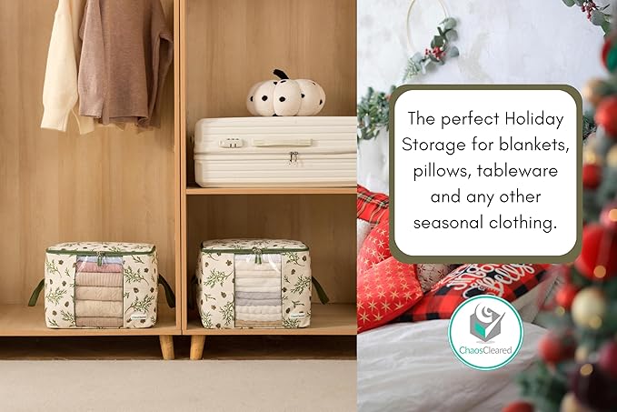 Chaos Cleared Canvas Storage Bags Designer Organizer 2 Pack – Seasonal Storage for Sweaters, Blankets, Linens & Garments – Foldable Design with Zip & Window, Moth-Proof Space Saver, Mistletoe Print