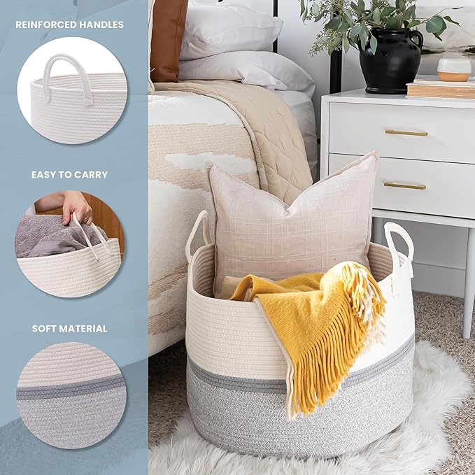 OrganiHaus Large Woven Storage Basket for Blankets and Toys 20" x 13" Inch, Rope Laundry Basket with Handles, Cushions & Pillows Storage Bin, Nursery Hamper, Soft Round Dog Toy Bin - Gray Stripe