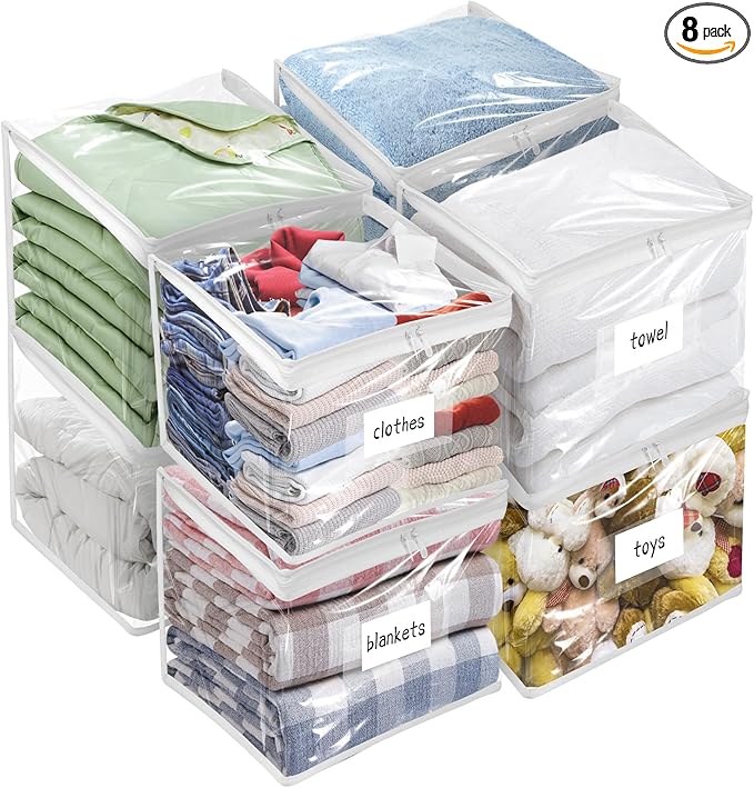 Plastic Storage Bags with Easy-Glide Zipper, Pack of 8, Durable Clear Vinyl Zippered Storage Bags for Clothes Sweaters Comforters Blankets Sheets Bedding (12 x 12 x 12 Inch)