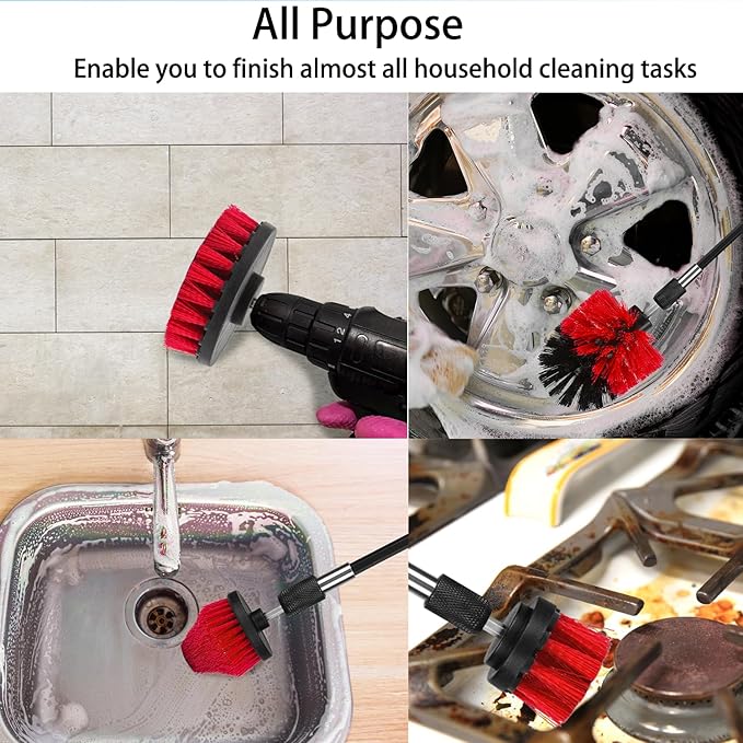 Drill Brush Attachment Set, 7 Pack 1/4in Power Scrubber Brush + Extend Long Rod, Multi-Purpose Power Cleaning Scrub Brush for Bathroom, Tub, Tile, Corner, Floor(Red)