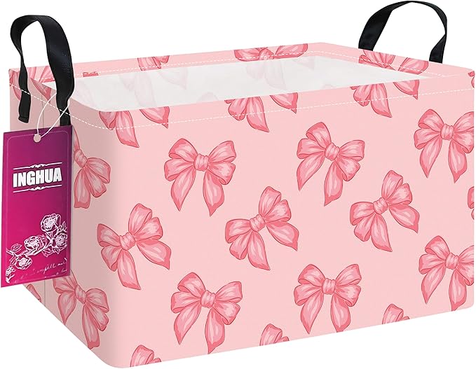 Rectangular Storage Basket Fabric Organizer Bin for Toys,Books,Clothes,Gifts,Pets-Perfect for Home,Office,Nursery,Dorm,Shelf(Rec-Pink bowknots )