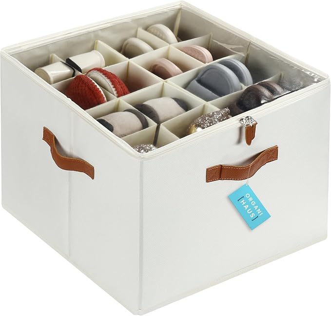 OrganiHaus Shoe Organizer for Closet and Entryway, Fits up to 16 Pairs, Large Shoe Storage Box, Collapsible Shoes Storage Bin, Shoes Container w/Reinforced Handles and Clear Cover - Off-White