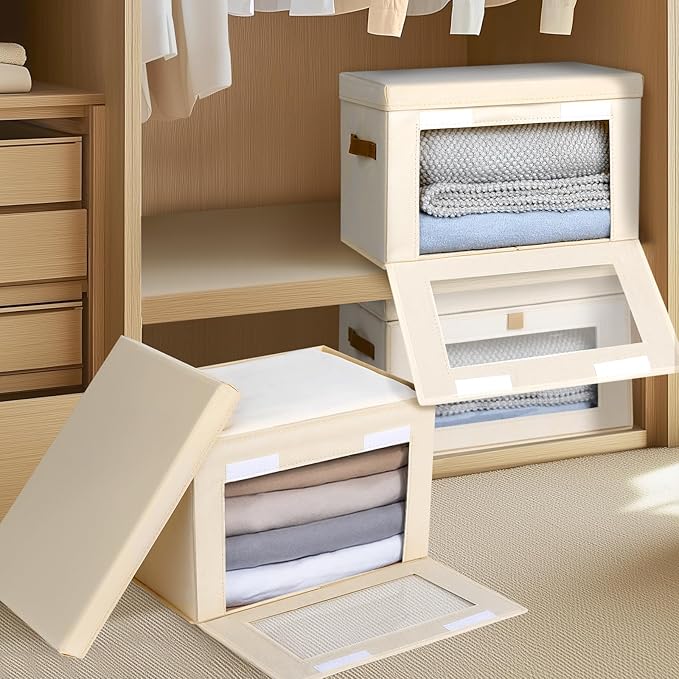 Large Closet Storage Bins - Collapsible Clothing Organizer with Handles & Window, Decorative Bin with Lids, Linen Closet Organizers for Living Room, Dorm, 8 Pack, Beige