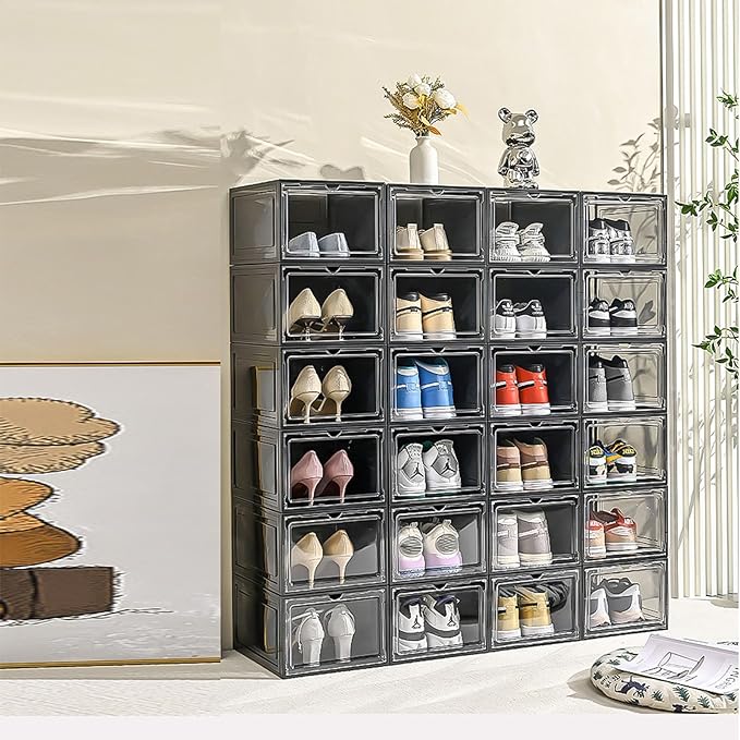 XXL Drop Front Shoe Storage Box Stackable, 6 Pack Shoe Display Case Fit US 15,Sneaker Storage Shoe Containers with Magnetic Door（6 PACK BLACK