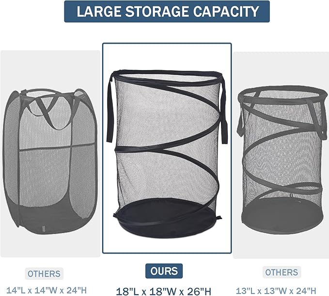Mesh Popup Laundry Hamper 115L Foldable Laundry Basket Extra Large Capacity Collapsible Clothing Storage Basket with Handles 26 H x 18 W x 18 L (Black)