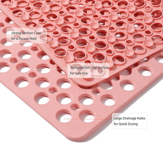 Nonslip Bathtub Mat Extra Soft TPE Bath Mat for Kids, Machine Washable Bathroom Shower Mat, Smooth/Non-Textured Tubs Only, 30L x 17W Inch (Pink)