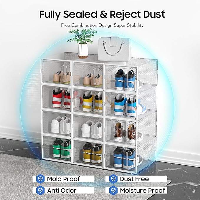 eWonLife Large Shoe Organizer Storage Box with Magnetic Door,12 Pack Clear Plastic Stackable Sneaker Containers for Closet, Connect Left and Right Shoe Box for Entryway, Drop Front, Under Bed (White)