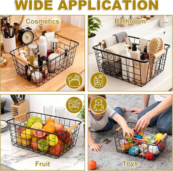 4 Pack Black Metal Wire Storage Baskets, Pantry Baskets for Organizing, Wire Food Storage Basket Organizer with Wooden Handles for Kitchen, Pantry, Freezer - 29 x 22 x 12cm