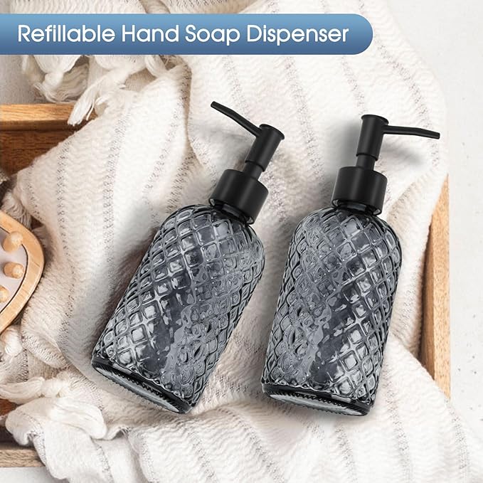 2 Pack Gem Glass Soap Dispenser with Black Plastic Pump, 13oz Liquid Hand Soap Dispenser, Rustproof Pump for Kitchen & Bathroom, Great for Lotions, Essential Oil, Liquid Soaps-Gray