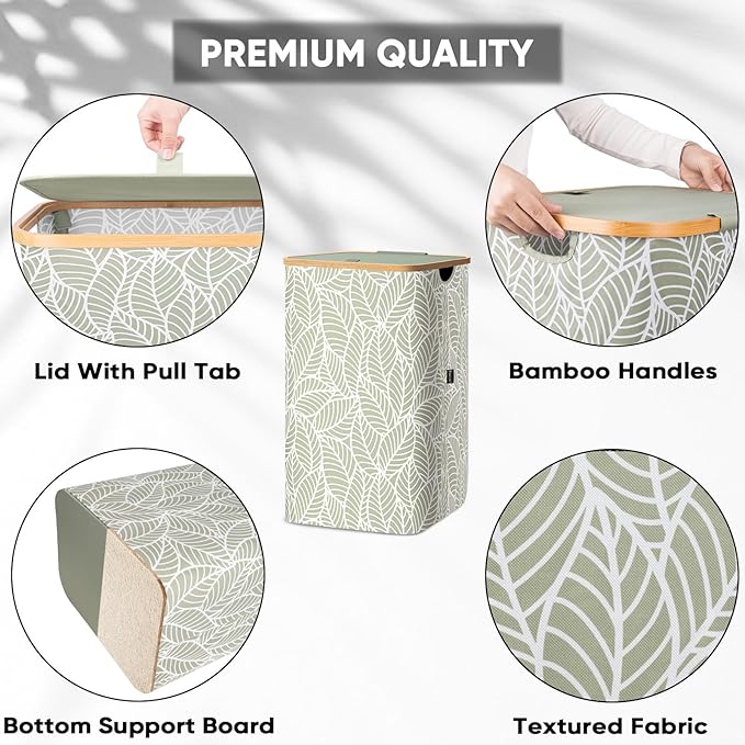 BALEINE Laundry Hamper with Lid, Tall Laundry Baskets with Bamboo Pull Handles, Large Laundry Bin with Internal Support (18 Gal/70L, Antique Foliage)