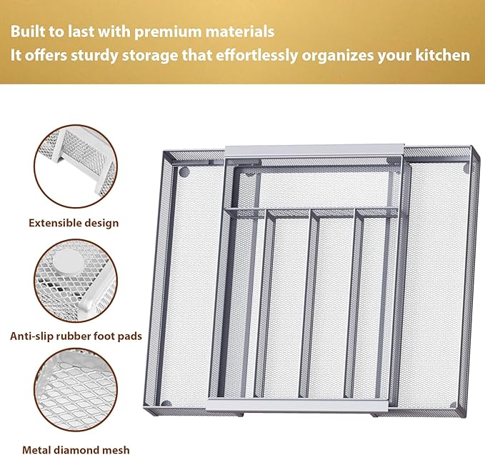 Silverware Organizer Metal Mesh, Drawer Organizer, Utensil Cutlery Tray Expandable Flatware Organizer with 7 Compartment Silver 9.6"~16.1" x 13.8"