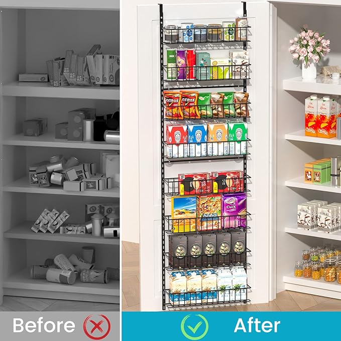 8-Tier Pantry Door Oragnizer, Over The Door Pantry Organizer Rack and Storage, Hanging Spice Rack Shelves Door, Home Office Laundry Room Bathroom & Kitchen Organization Essentials Metal