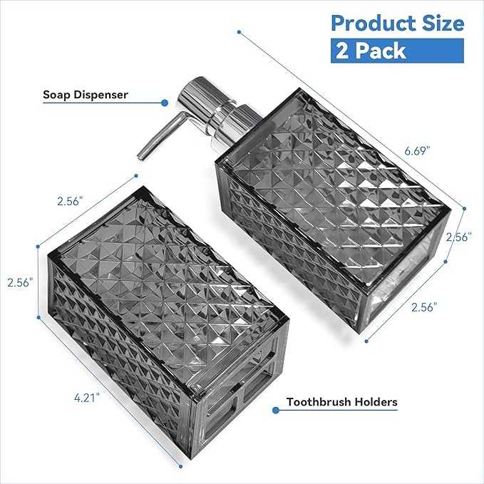 2PCS Dark Grey Bathroom Accessories. Contain Soap Dispenser and Toothbrush Holder Set. Boho Bathroom Set for Blue Bathroom Décor
