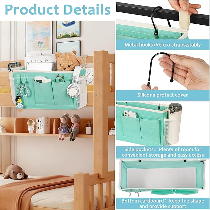 Loghot Bedside Caddy/Bedside Storage Bag Hanging Organizer for Bunk and Hospital Beds,Dorm Rooms Bed Rails,Can be Placed Glasses,Books,Mobile Phones,Keys (2pc Green)