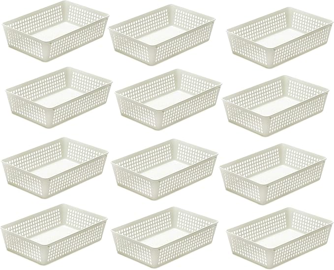 YBM Home 12-Pack Plastic Storage Baskets Bins for Home Junk Drawer, Shelves, and Office Organization, Functional Trays/Containers Great for Kitchen Pantry, Cabinets, Bedrooms, and Bathrooms, White