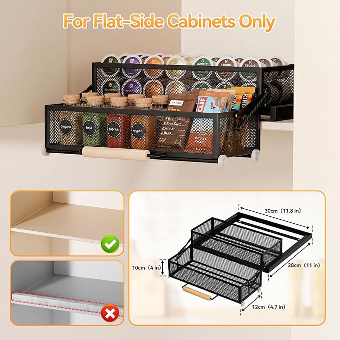 HOUSE AGAIN Pull Out Cabinet Organizer, Recessed 2-Tier Drop Down Storage for High/Deep Cabinets, Compact 12-Inch Hidden Organizer for Spices, Snacks and Small Bottles (Black)