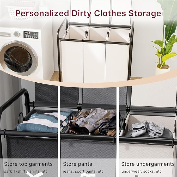 3-Compartment Laundry Cart with Lockable Wheels & Lid 180L Large Wheeled Laundry Basket Heavy-Duty Sorting Organizer for Laundry Room (White)