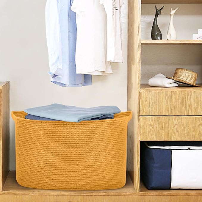 Extra Large Orange Storage Basket, 23.6" x 17" x 12" Rectangle Baskets for Organizing, Blanket Toy Bin Organizer, Colorful Woven Cotton Rope Baskets for Decor