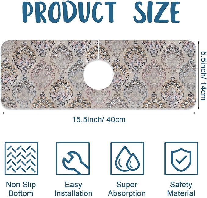 Grey Ceramic Printing Sink Splash Guard Ceramic Texture Faucet Absorbing Mat Fast Drying Mat Sink Gadgets Splash Guard Behind Faucet Drip Catcher for Kitchen Bathroom, 15.5"x5.5"