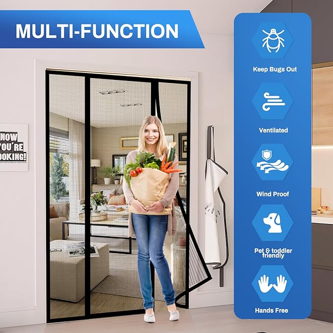 Magnetic Screen Door Upgraded PET Mesh Stronger Than Fiberglass and Polyester,Hands Free,Keeps Bugs Out,Pet & Kid Friendly,Suitable for Sliding Door,Large Patio Door and French Door-60''x96''
