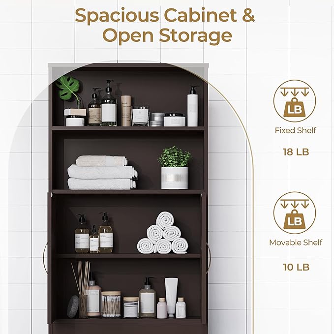 Yaheetech Over The Toilet Storage, Taller Bathroom Organizer Space-Saving Storage Cabinet with Adjustable Shelves and Double Doors, 77 in H, Espresso