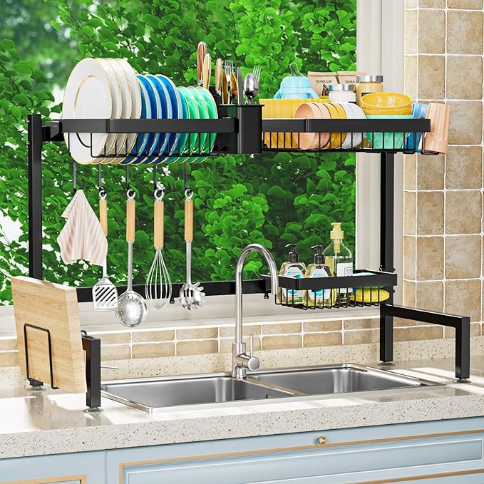 YKLSLH Over The Sink Dish Drying Rack 2 Tiers, for All Sinks (26.57"-35"),Expandable Large Capacity Sink Rack, Metal Drying Rack for Kitchen and Family Use