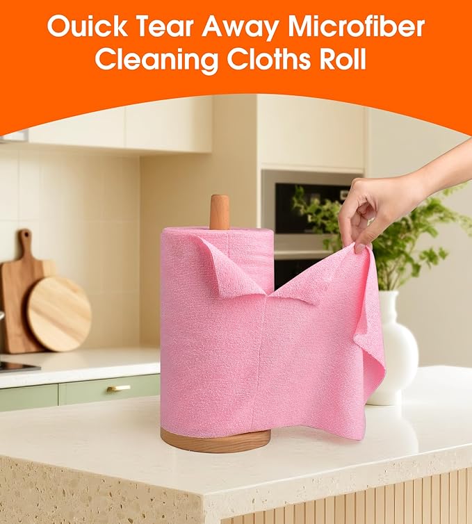 CHAUNCEY HOME Microfiber Cleaning Cloth Roll - 100 Pack Tear Away Microfiber Paper Towels, Reusable, Washable, Scratch-Free, Kitchen Towels for Car, Home, Kitchen, Glass, Dishes(Pink)