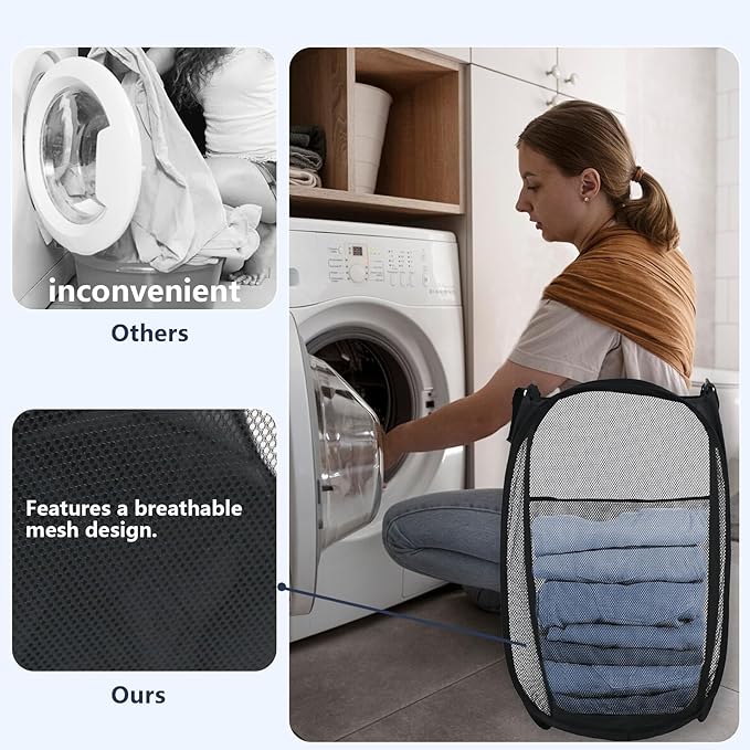LXLOVESM Pop Up Laundry Hamper, Mesh Laundry Basket Collapsible, Foldable Hamper for Travel and Storage (Black)
