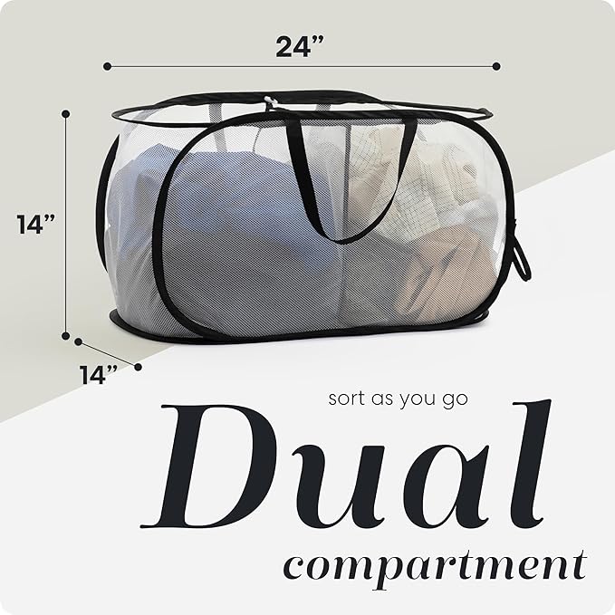 Foldable Laundry Basket - Popup and Collapsible, Durable Mesh Material, Folds for Storage, Easy Carry Handles - Great Hamper for College Dorm, Laundry Room or Travel (White-Black, 2-Compartments)