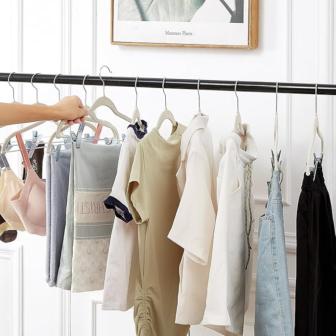VECELO 40 Pack Velvet Clothes Hangers with Adjustable Clips,Heavy-Duty Non Slip & Space-Saving with 1 Magic Hangers & 2 Tie Rack for Suit Coat Pants Skirt Dresses