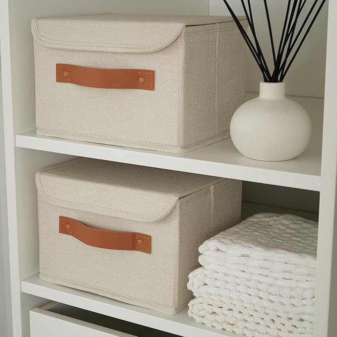 Decorative Linen Storage Boxes with Lids - Spacious Set of 2 Organizer Bins for Your Home Decor - The Perfect Small Container to Safely Store Photos, Documents and Memory Box Keepsakes in Style