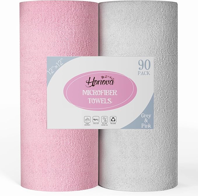 Honova Microfiber Cleaning Cloth Roll-90 Pack, Tear Away Towels，Paper Towel Alternative, 12" x 12"，Reusable, Washable, Scratch Free, Highly Absorbent Dish Rags for Car, Home, Garage or Shop(Pink&Grey)