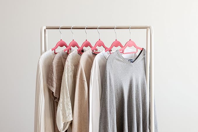 IRIS USA Non-Slip Velvet Clothes Hangers, Slim Space-Saving Design with Accessory Bar, Pink, Set of 10