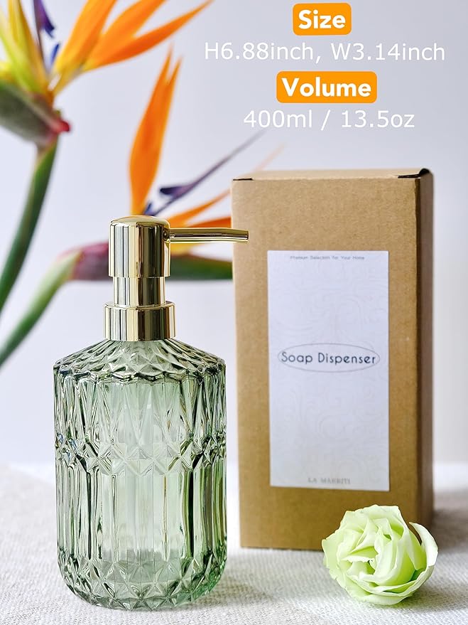 Green Glass Soap Dispenser with Gold Rust Proof Pump, Refillable Clear Glass Kitchen Soap Dispenser, Lotion Dispenser Bathroom for Hands Soap, Dish Soap, Body Wash (Green)