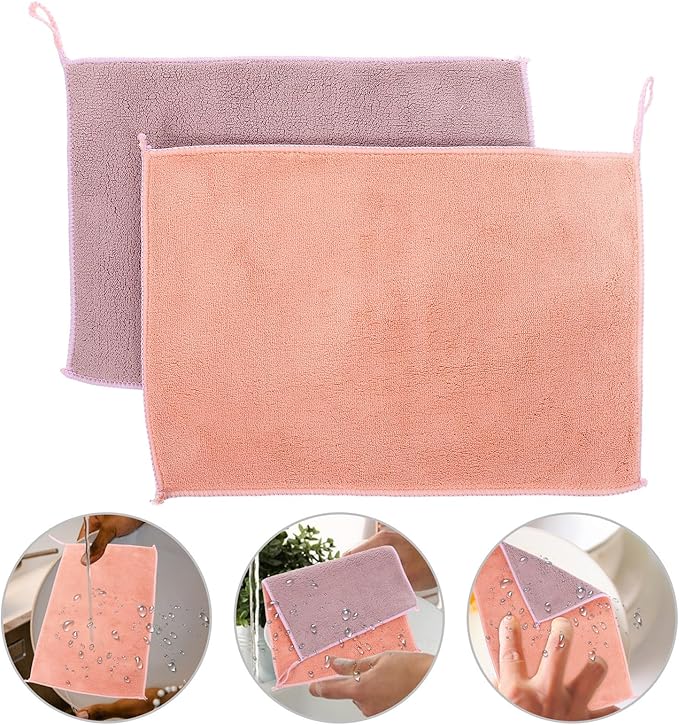 TEHAUX 2pcs Kitchen Dish Towels Absorbent Dual-Layer Microfiber Cleaning Cloths with Hanging Loop 20x30cm for Household Washing and Scouring