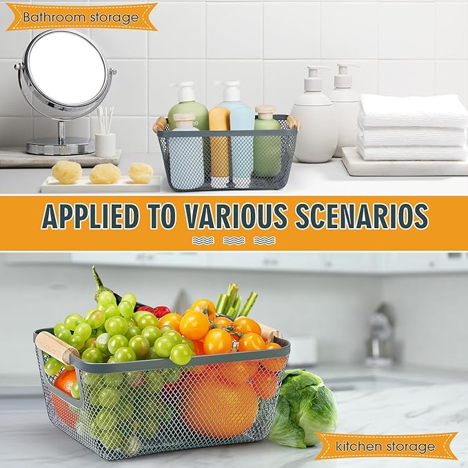 4 Pcs Metal Wire Basket with Wooden Handles Mesh Steel Storage Organizer Bin Containers for Home Organizing Cabinet Pantry Closet Kitchen Fridge Fruit Makeup Snacks Gifts(Small,Dark Gray)