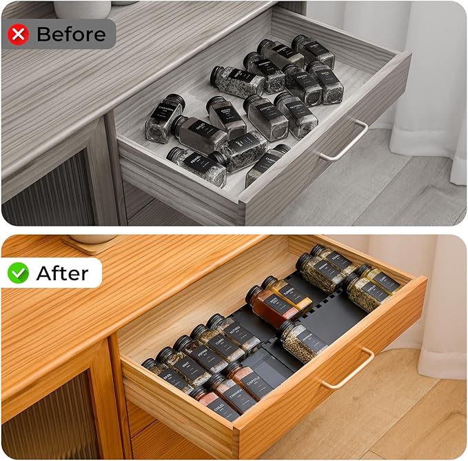 Spice Drawer Organizer, 2 Tier- 2 Pack Drawer Seasoning Organizer Expandable from 13" to 24.4", Spice Rack for Kitchen Drawers, Spice Organization Insert Tray for Drawer (Jars not included)