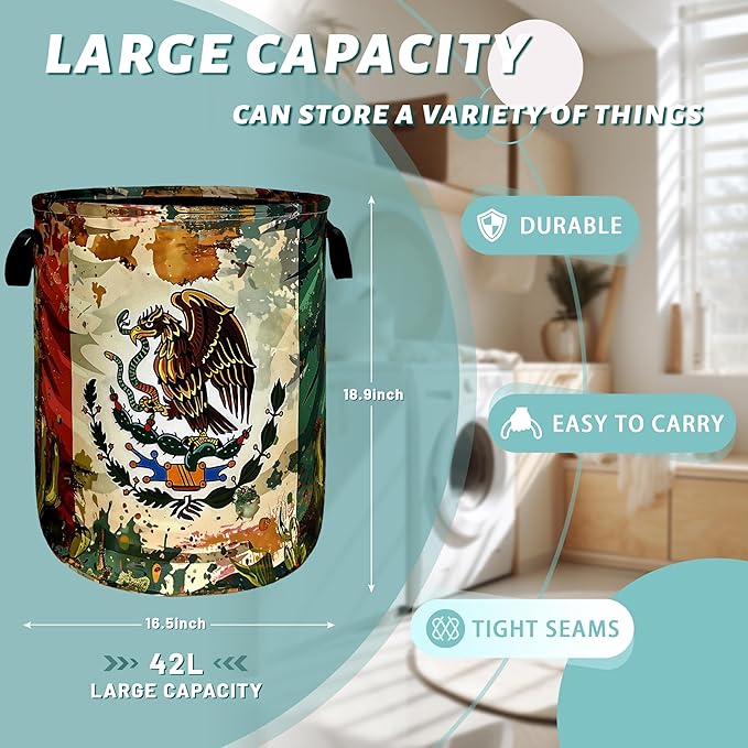 Mexican Flag Laundry Basket Retro Mexican Cactus Foldable Funny Laundry Hamper Oxford Cloth Colorful Tote Bag Clothe Toy Storage Bucket 18.9" x 16.5"For Bathroom/Laundry Storage/Bedroom