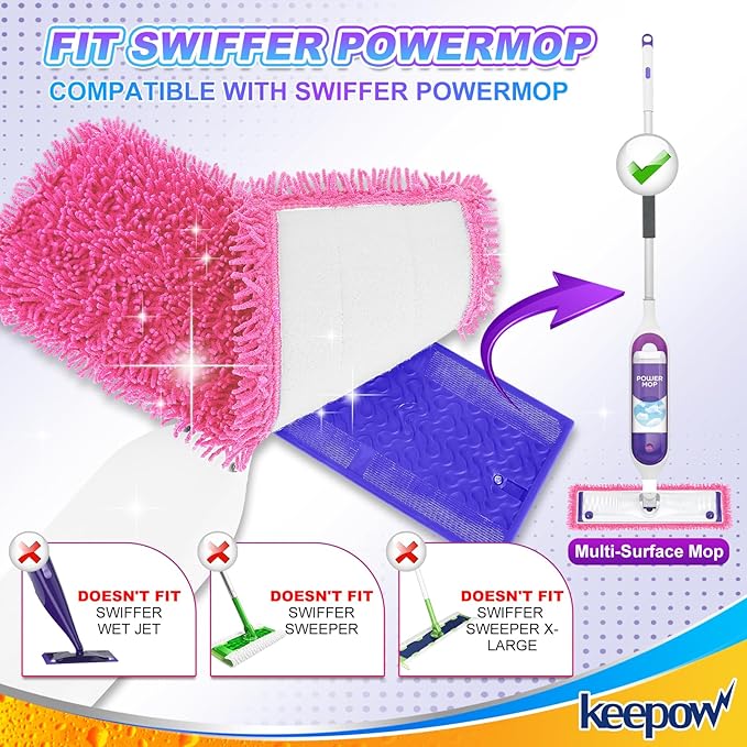 KEEPOW Reusable Microfiber Mop Pads for Swiffer PowerMop, 4 Count, Pink, Machine Washable, Compatible with 13-15 Inch Spray Mop, Multi-Surface Floor Cleaning