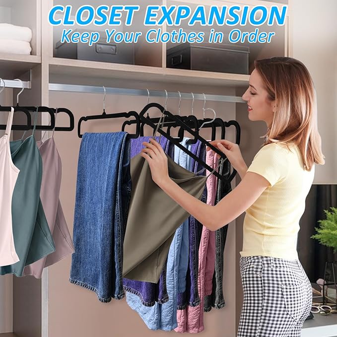 Pants Hangers Non Slip, 30 Pack Velvet Hanger for Closet with 30 Hooks, Strong Durable Space Saving Slim Pants Hanger, Ultra Thin & Space Saving Flocked Hangers for Pants/Shirts/Shorts/Bra (Black)