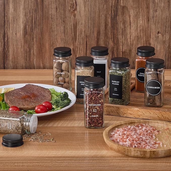 36 Glass Spice Jars with 576 Labels-Spice Jars with Black Metal Caps, 4oz Empty Square Spice Containers with Shaker Lids, Funnel, Pen, Seasoning Bottles for Spice Rack, Drawer, Cabinet