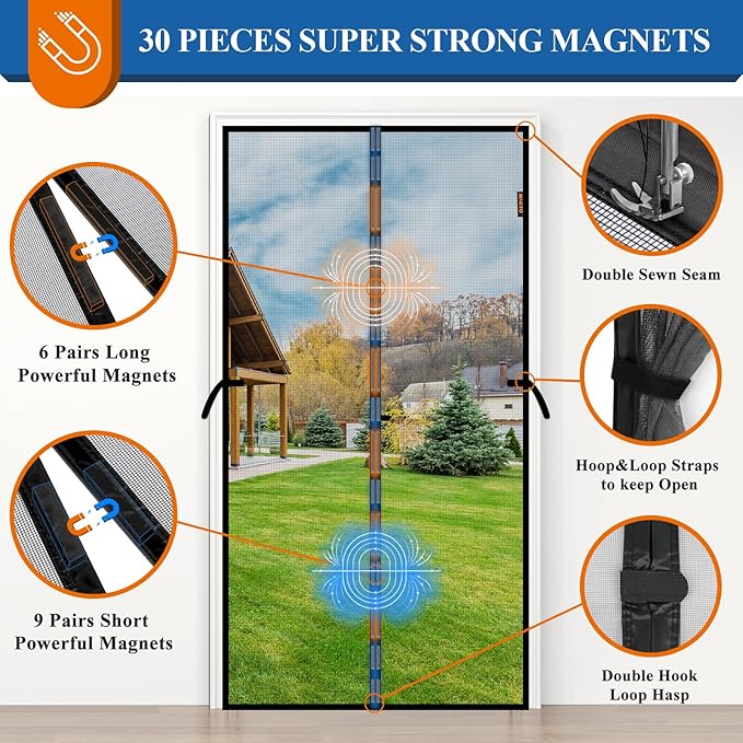 Magnetic Screen Door, Fits 36'' x 82'' Door, Scratch-Proof Polyester, Classic Middle-Opening, Keep Annoying Creatures Out, Pet Friendly Mesh, Hands-Free Entry with Strong Magnets Auto-Closure, Grey