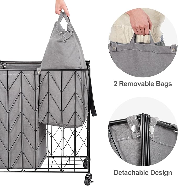 WOWLIVE Laundry Basket with Wheels, Heavy Duty Laundry Hamper with Wood Lid, Clothes Hamper with Divided Removable Liner Bag, Large Capacity Iron-Made Laundry Sorter Laundry Room Organization (Grey)