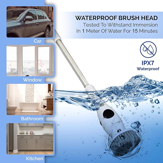 KARAMII Electric Spin Scrubber, Cordless Power Brush with 8 Multi-Functional Heads, 3 Adjustable Speeds, IPX7 Waterproof, LED Display, Long Handle (13.8"-51"), Perfect for Bathroom, Tile, Kitchen, Car