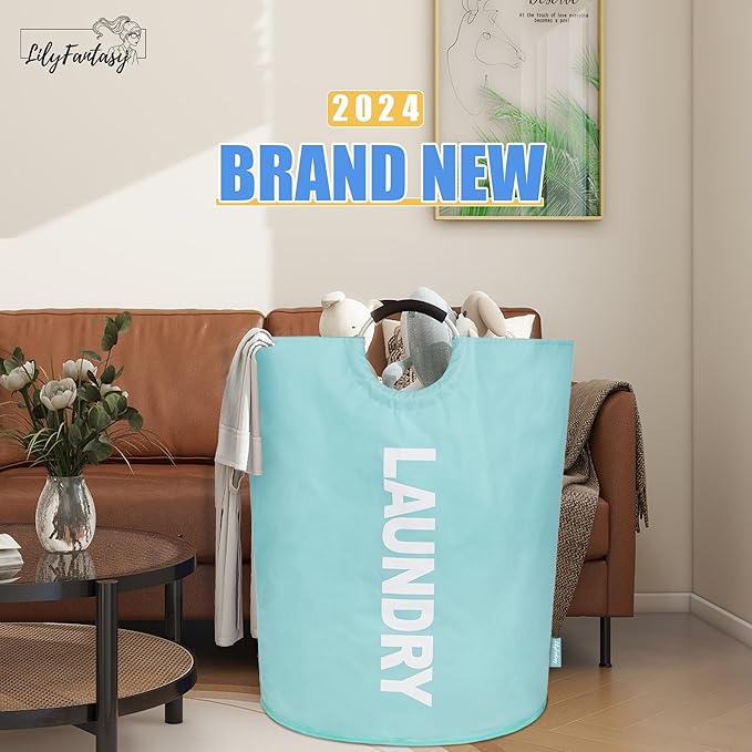 160L Large Laundry Basket, Collapsible Laundry Hamper with Padded Handles, Waterproof Laundry Bag, Tall Clothes Hamper Stand Up Well, Foldable Laundry Baskets for Easy Storage(Light Blue)